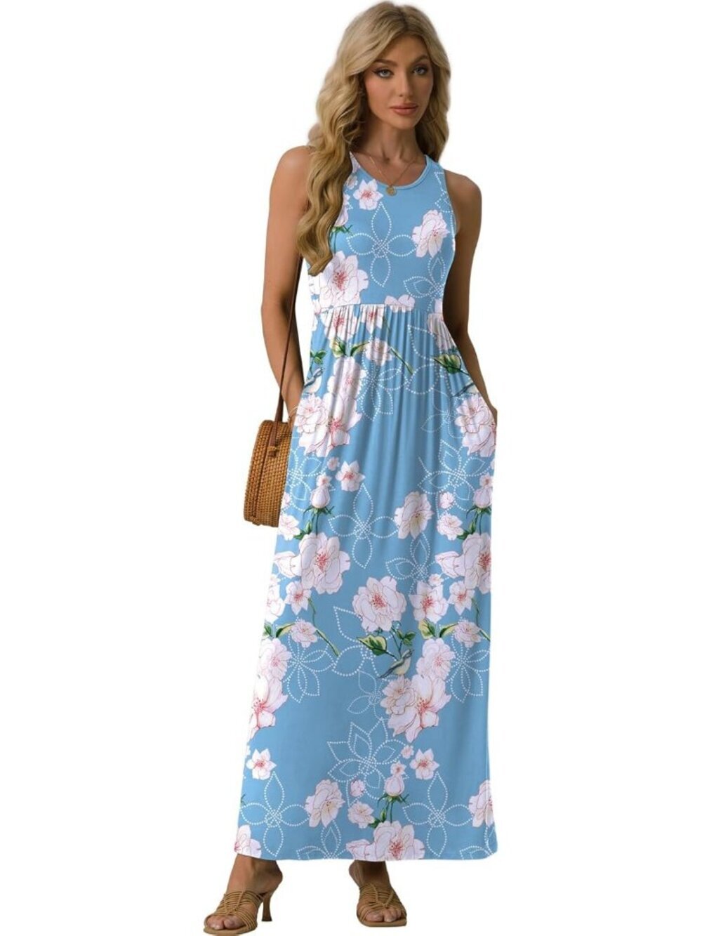Women's Floral Blue Summer Sleeveless Casual Long Tank with Pockets Maxi Dress